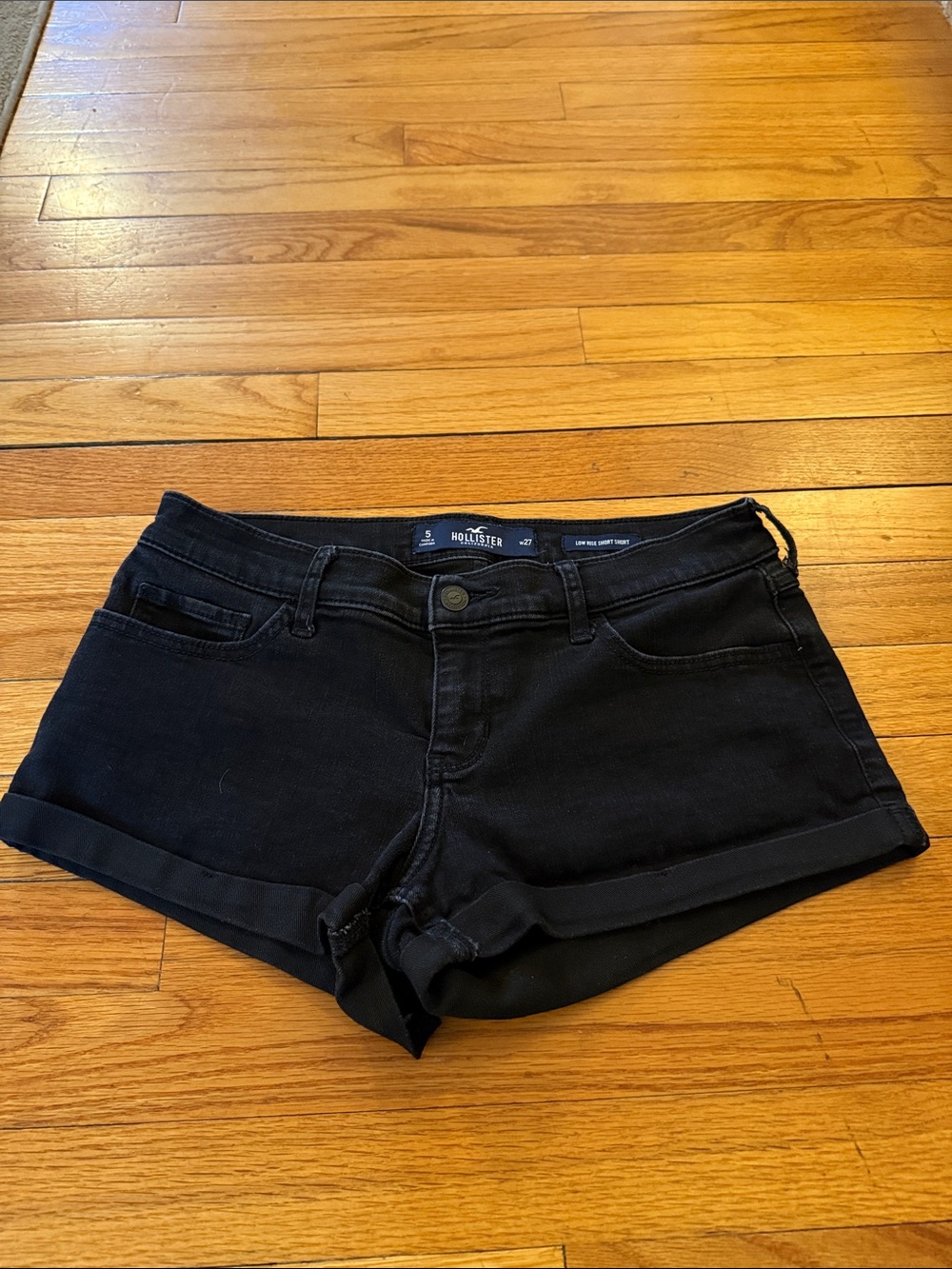 Hollister Women's Black Cuffed Denim Shorts Low Rise Shorty Short